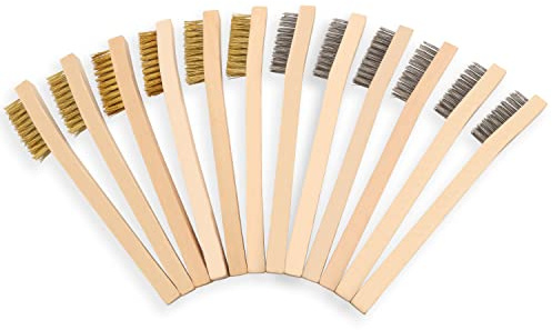 Wire Brush Set 12Pcs,Small Detailing Wire Scratch Brushes for Cleaning, Brass/Stainless Steel Bristles with 8 Curved Wood Handle for Metal Rust Remover,Paint, Dirt, Paint Scrubbing