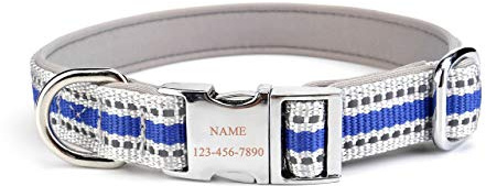 Filhome Personalisierte Reflektierend Hundehalsbänder mit Eingraviertem Namen und Telefonnummer Nylon Halsband für Kleine und Mittlere Hunde Blau/M