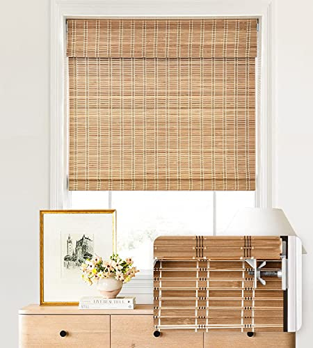 LazBlinds No Tools No Drill Cordless Bamboo Roman Shades, Light Filtering Window Treatment, Roll Up Bamboo Blinds for Windows 20'' W x 64'' H, Brown