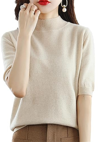 Höstdamer kashmirtröja enfärgad kortärmad pullover stickad tröja varm tröja, BEIgE, S