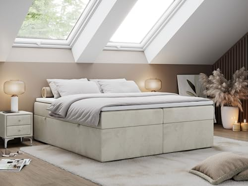 MKS MEBLE Boxspringbett 160x200 cm ohne Kopfteil mit Bettkasten, Premium Multipocket Matratze H3, mit Topper T25, Stauraumbett BESS - Beige Velvet