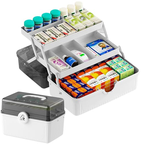 QIGEEKU Medikamenten Aufbewahrung, Tragbare Medizinbox, Hausapotheke Box, 3 Ebene Apothekenbox, Große Kapazität Arzneischrank Medizinkoffer, Aufbewahrungskoffer für zu Hause, im Freien (Weiß)
