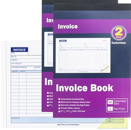 Invoice Book 2-Part Carbonless Form Horizontal Sales Slip Features a Wraparound Cover 5-9/16 x 8-7/16 inches 50 Sets per Book(2 Pack)