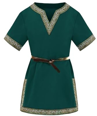 Haloumoning Jungen Mittelalter Tunika Kinder Cosplay T-Shirts Kostüm Halloween Renaissance Wikinger Warrior Ritter Tops, Grün, 6-8 Jahre