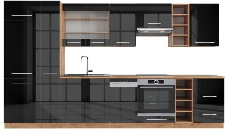 Vicco Küchenzeile Fame-Line, Anthrazit Hochglanz/Goldkraft Eiche, 355 cm | 12 Module · Höhenverstellbare Füße · AP Eiche inkl. · MDF-Fronten · Softclose · Metallgriffe
