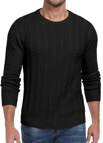 Hisir Jumpers for Men UK Cable Knit Jumper Crew Neck Pullover Winter Warm Long Sleeve Sweater (Black, L)