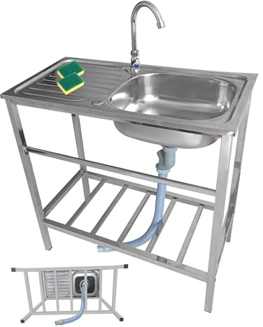 Fregadero Portátil para Exteriores con Grifo - De Acero Un Solo Tazón con Banco de Trabajo y Escurridor para Jardín y Cocina 75x40 83x50 100x50