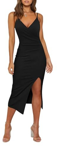WAYMAKER Wedding Guest Dress for Women Sleeveless V Neck Sexy Spaghetti Strap Ruched Bodycon Cocktail Formal Dress with Slit, Black, Medium