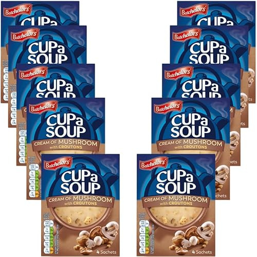 Instant Soup Bundle with Batchelors Cup A Soup Cream Of Mushroom with Croutons 96g - 10 Pack | Instant Mushroom Soup with Croutons, Low In Fat and Sugar, Suitable For Vegetarians.