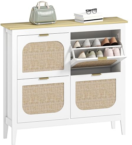 HOMCOM Zapatero Estrecho con 4 Puertas de Ratán Zapatero Entrada Recibidor con Estantes Ajustables para 20 Pares de Zapatos 105x24x95,5 cm Blanco