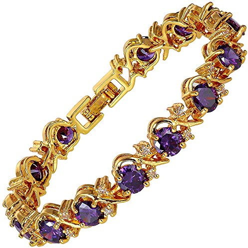 RIZILIA BLOSSOM Vergoldet Bunt Geburtsstein Tennisarmband Damen | 14K Gelbgold vergoldet Mehrfarbig Edelstein Zirkonia, 6mm Rundschliff Zirkonia, 16,5/18/19 cm, Hypoallergen, Geschenkbox