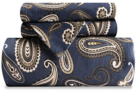 Superior Premium Cotton Flannel Duvet Cover Set, All Season 100% Brushed Cotton Flannel Bedding, 2-Piece Set with Duvet Cover and Pillow Sham - Navy Blue Paisley, Twin