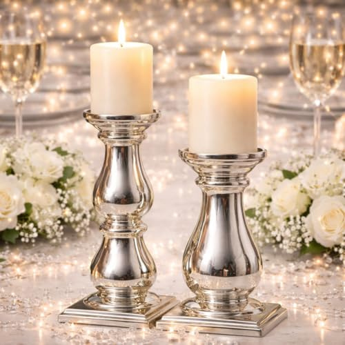 2er-Set Keramik Kerzenständer Silber Kerzenhalter für Stabkerzen Kerzenleuchter Silber Stumpenkerzenhalter Weihnachtsdeko Teelichthalter Deko Kerzenständer Stumpenkerzen Stabkerzenhalter Tisch