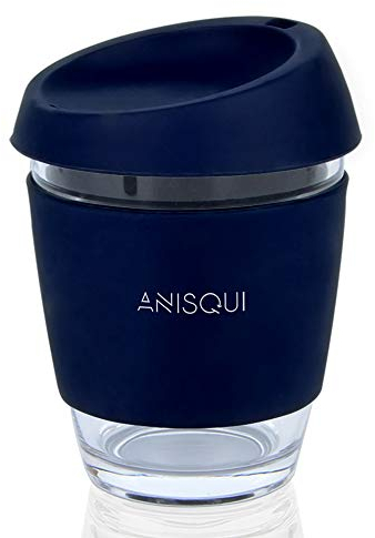 AniSqui Taza de café de Cristal Reutilizable (350ml, sin BPA, Tapa de Silicona)