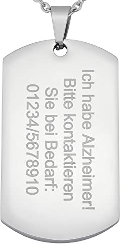 Hanessa Personalisierte Kette mit Gravur Edelstahl 50 cm mit Anhänger Dog Tag Alzheimer Demenz in silber - Personalisierte Halskette für Männer und Frauen - Personalisierter Schmuck Damen Herren