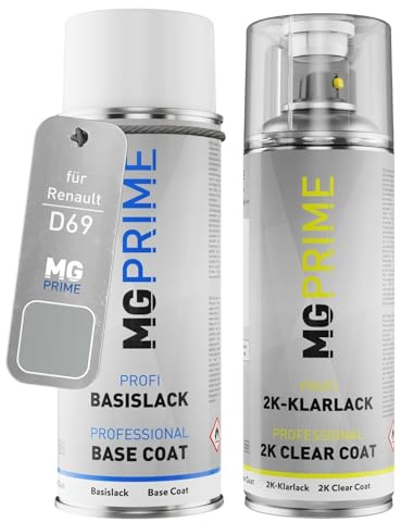 MG PRIME Peinture voiture Bombe aérosol pour Renault D69 Gris Platine. +2K | Mercury Metallic / Gris Platine Metallic, Kit peinture de base + vernis 2K, bombes aérosols 400ml