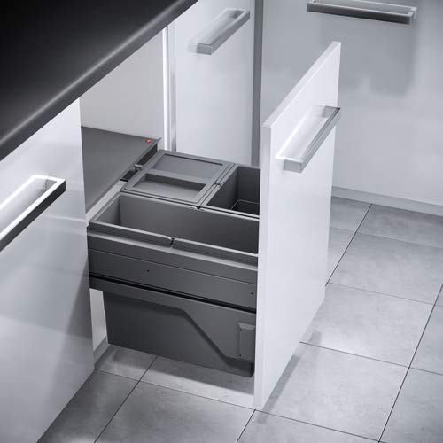 Hailo Abfallsammler 361083 | für 50 cm Schrank mit Möbelfront | 3fach Trennung 43 Liter | Mülleimer Auszugsystem | Dunkelgrau