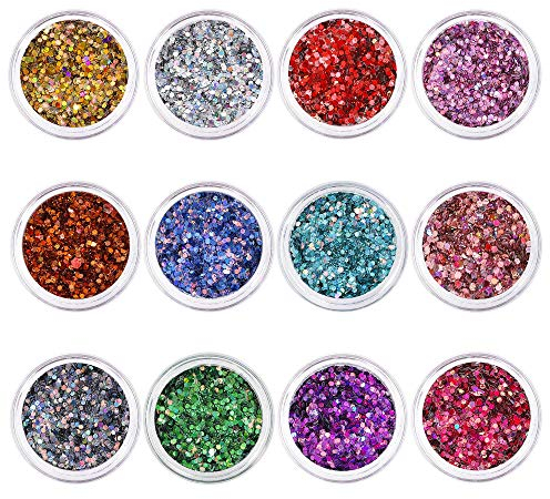 Purpurinas Polvo 12 Colores Maquillaje Glitter para Cara Pelo Arte Corporal Uñas para el Festival de Música Fiesta Navidad