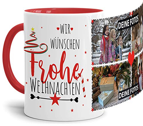 Weihnachts-Tasse mit Spruch zum SELBSTGESTALTEN mit FOTO-COLLAGE für 4 WUNSCHFOTOS - Persönliches Geschenk für Freunde und Familie - Innen & Henkel Rot