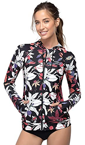 AXESEA Damen-Kapuzenpullover, Rashguard, UV-Sonnenschutz, langärmelig, mit Kapuze, durchgehender Reißverschluss vorne, Badeanzug