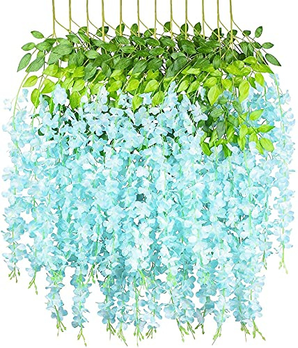 Yeehliny Künstlich hängende Blumen, Blauregen Seidenblumen,hängende Dekoration Garland Seide Blumen für Party Home Dekoration Hochzeiten, 110 cm, 12 stück (Blau)