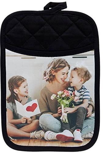 Ocadeau Großer Topflappen aus schwarzem Textil mit Fotodruck - Dicker Topflappen mit Tasche zum Reingreifen und mit Fotodruck