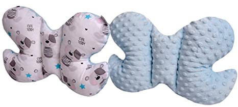 Medi Partners KOPFKISSEN Kinder Nacken Nackenstütze 100% Baumwolle/Minky Baby Nackenhörnchen für Auto Kinderwagen autofahrt Reisen Schlaf Hals Kissen Schlummerrolle (Teddybär mit hellblauen Minky)
