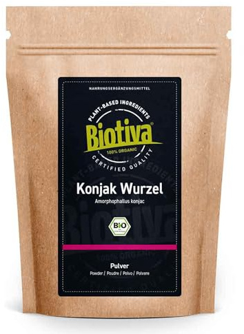 Biotiva Konjak Powder Organic 250g - Konjakwurzel - E425 - glukomannan - Teuefelszunge - Amorphophallus konjac - utan några tillsatser - Butelj och kontrolleras i Tyskland (DE-ECO-005)