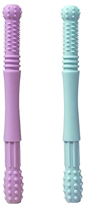 2 Beißringe für Babys, Kühlmittel aus natürlichem BPA-freiem Silikon, BPA-frei, natürlich, lindert Zahnfleischschmerzen, mit Zahnbürste (lila + blau)