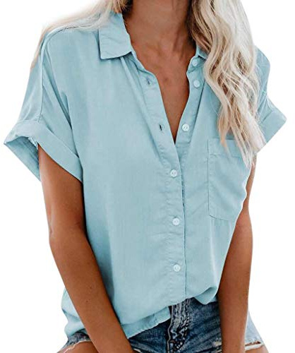 Blusas de Mujer Manga Corta Elegantes Originales Camiseta de Mujer Elegante Cuello V Ligero Camisa de Color Sólido con Botones de Solapa Túnica Tops Sueltas De Vestir Mujer