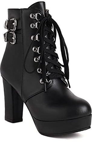 bbruriy High Heel Stiefel für Damen, Damen Chunky Heel Plateaustiefel Heels Sexy Round Toe Lace Up High Heels Mid Wadenstiefel Herbst Winter Mode Kleid Schuh Große Größe 32-48