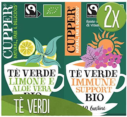 CUPPER Tè Verde al Limone e Aloe Vera Biologico e Fairtrade, Confezione da 20 Bustine e CUPPER Tè Verde Immune Support Biologico e Fairtrade con Ribes Nero, Acerola e Matcha, Confezione da 20 Bustine