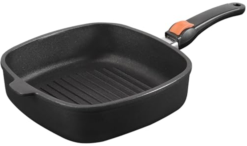 SKK Aluguss Grillpfanne 26x26 cm - induktionsgeeignet - viereckige Antihaft Steakpfanne gerippter Pfannenboden & abnehmbarer Griff - Made in Germany