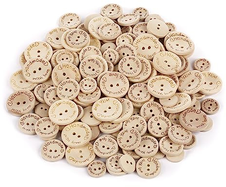 Nordstern Handmade Label Knöpfe 150 Stück - Natur Holzknöpfe zum annähen für Strickjacken - Handmade with Love Knopf zum Nähen und Basteln 15mm 20mm 25mm