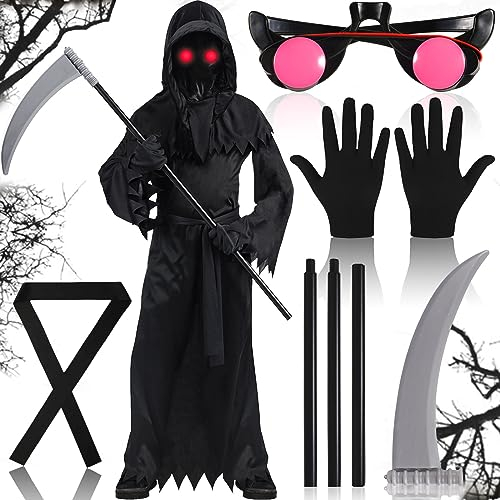 Frasheng Costume da Grim Reaper unisex,Costume Mietitore Bambino & Adulto,Costume di Reaper per Fantasma Spaventoso Morte,con Occhiali Luminosi,Falce Della Morte,per Cosplay,Carnevale