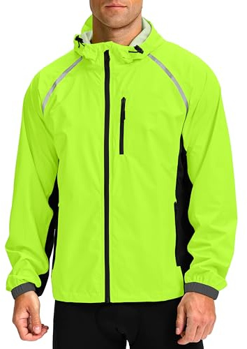 Men's Cycling Rain Jackets Waterproof Running Bike Windbreaker Hooded Reflective Biking Windproof Bicycle Riding(Fluorescent Yellow/Black,L)