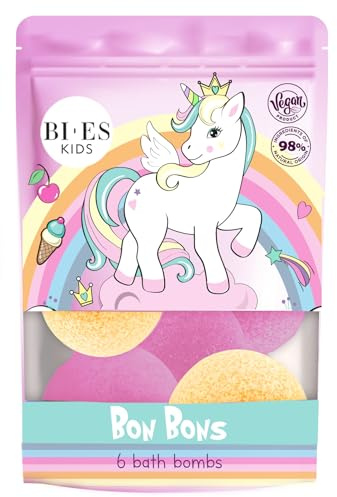 Unicorn Fizzing Bath Bombs - 6pcs with Bon Bons Fragrance, Vegan & Natural with Essential Oils - Safe, Gentle, and Fun Bath Time Treat for Adults and Children Aged 3+