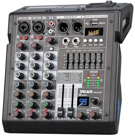 TKLBLS 4 Channel Audio Mixer for Home Audio, Sound Mixer Board with USB Interface, 99 DSP Effects, 48V Phantom Power, XLR Inputs for Karaoke, Recording