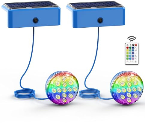 Skairipa Solar Pool Lights, Solar Powered Submersible LED Lights with Remote IP68 Waterproof, Swimming Pool Light, 16 Colors Pool Light for Frame Above Ground Inground Pool, Pond (Blue, 2 Pack)