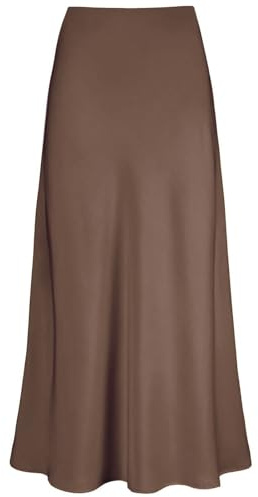 Genfien Lång satinkjol för kvinnor kjolar med hög midja elegant dragkedja sidenkjol festkjolar sommar lätt utan foder, brun, M