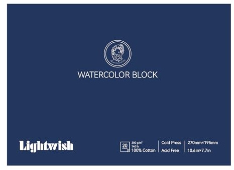 LIGHTWISH Aquarellpapierblock, Cold Press 10.6x 7.7 In, 20 Blätter, vierseitig gerillt, 100% Baumwolle, 140lb/300GSM, säurefreies Kunstzubehör für Nass-, Trocken- & Mixed Media Aquarell Skizzenbuch