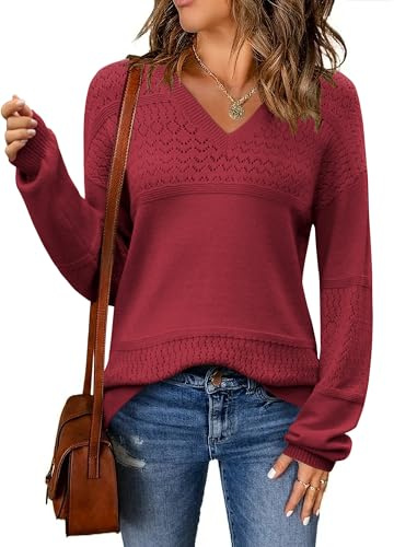 Zeagoo Pull Hiver pour Femme Chaud Manches Longues Tricoté Haut Élégant Fin Uni Pull Automne Manches Lanterne Sweatshirt Tops Vin Rouge XXL