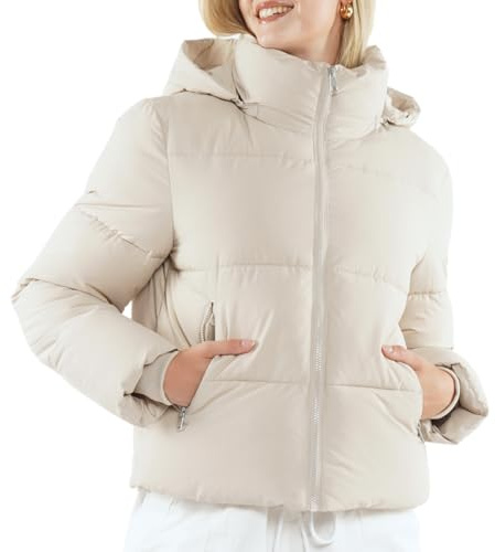 PUFFIT Giacca invernale da donna con cappuccio Giacca invernale impermeabile calda Cappotto trapuntato Giacche femminili, crema, M