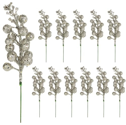Glitzer-Beerenstiele, 20 cm, künstliche Stechpalmen-Zweige, Glitzer, Beeren, Weihnachtsspieße, für Weihnachtsbaumschmuck, Basteln, Weihnachtskranz, Girlande, Dekoration, Champagner, 12 Stück