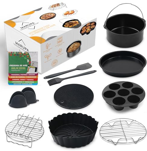 MARUPA Accesorios Freidora de Aire 5.5L XXL – Air Fryer Accesorios – Kit 11 en 1 Compatible Cosori Cecotec Ninja – Moldes Pizza Magdalenas Rejilla Brochetas Tapete Silicona