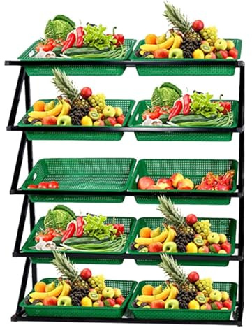 Étagère de supermarché 5 niveaux pour fruits et légumes,grande capacité avec 10 paniers pour garde-manger,cuisine,supérettes,organisateur de rangement de produits frais,Green