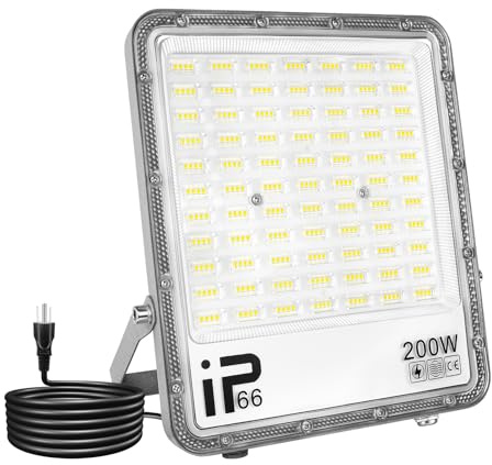 Willpower Faro LED Esterno 200W Faretti LED 6000K Bianco Con Spina | Proiettore LED 20,000lm, Impermeabilità IP66, Luce per Giardino Garage Cortile Officina Patio Terrazza