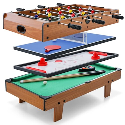 COSTWAY 4 en 1 Baby-Foot en Bois avec Billard & Hockey & Tennis de Table, Table de Jeu Empilable avec Marqueur Manuel & Accessoires Riches, Jouets pour Fête & Bar pour Enfants & Adultes