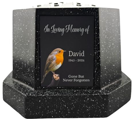 1stclassgifts Personalised Printed White or Black Memorial Rose Bowl Grave Marker Flower Pot Vase Robin Design (UV PRINTED) (Black, Silver Lid/Black Plate)