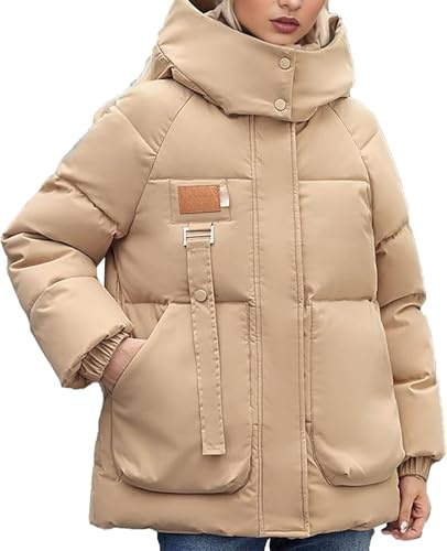 Chaqueta de Pluma con Capucha Desmontable para Mujer Chaqueta de Invierno Acolchada Elegante y cálida Parka Holgada para Exteriores Plus (Caqui,M)